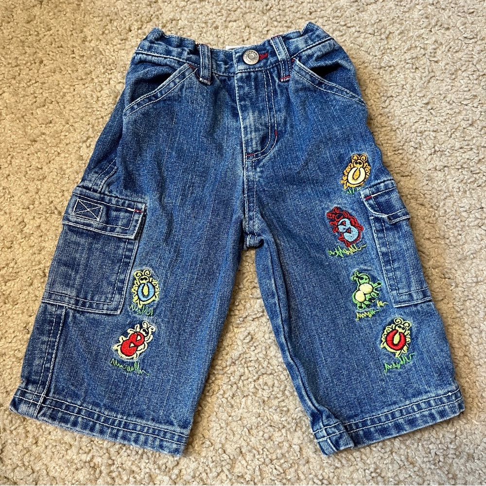 Vintage Flapdoodles 90s 6-9m Baby Infant Blue Jeans Embroidered Bugs Ants Pants